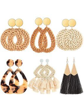 Boho Rattan Earrings Set Lightweight Straw Resin Drop Earrings Summer Jewelry